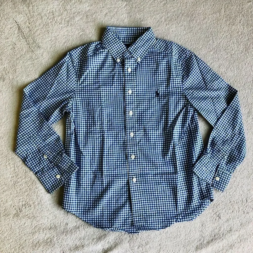 NWOT Ralph Lauren Boys Natural Stretch Blue Checked Long Sleeve Button Down Shir